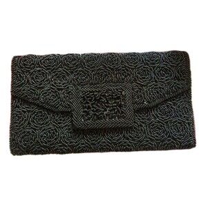 Vintage Seed Bead Sequins Clutch Bag Black Handmade Sparkly Rose Bead Pattern